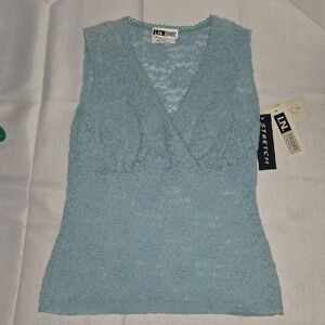 I.N. Studio Women's Light Blue Lace Stretch Blouse Small Petite NWT